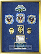 Cobb County Police Department retirement shadow
 box with police badges, patches, ID cards and lapel pins.
decatur_mirror_framer.jpg