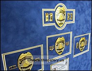 Detail view of Cobb County Police Department retirement shadow box with police badges, patches, ID cards and lapel pins.
diplomas_combined_in_frame.jpg